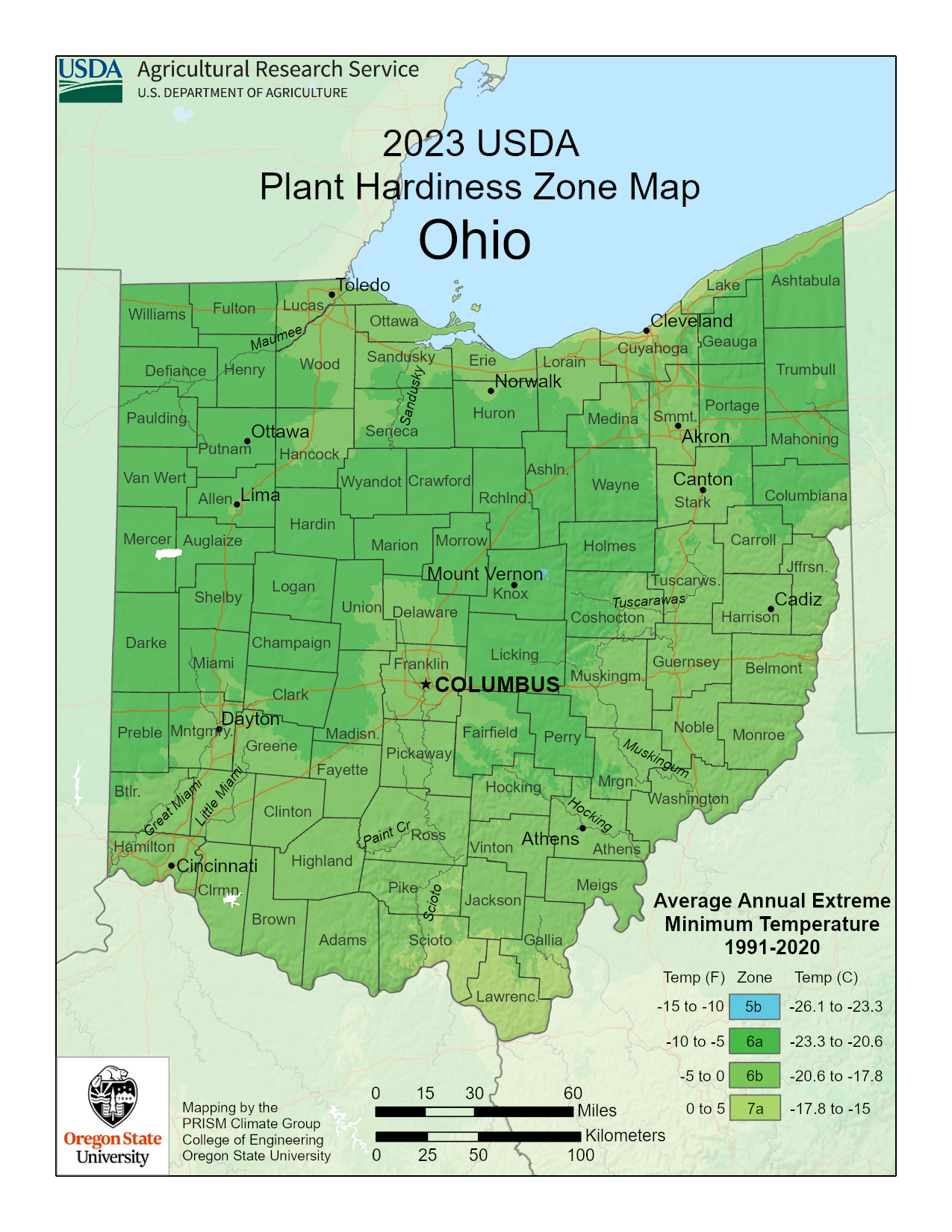 Official 2023 USDA Ohio Plant Hardiness Zone Map showing zones 5b, 6a, 6b and 7a